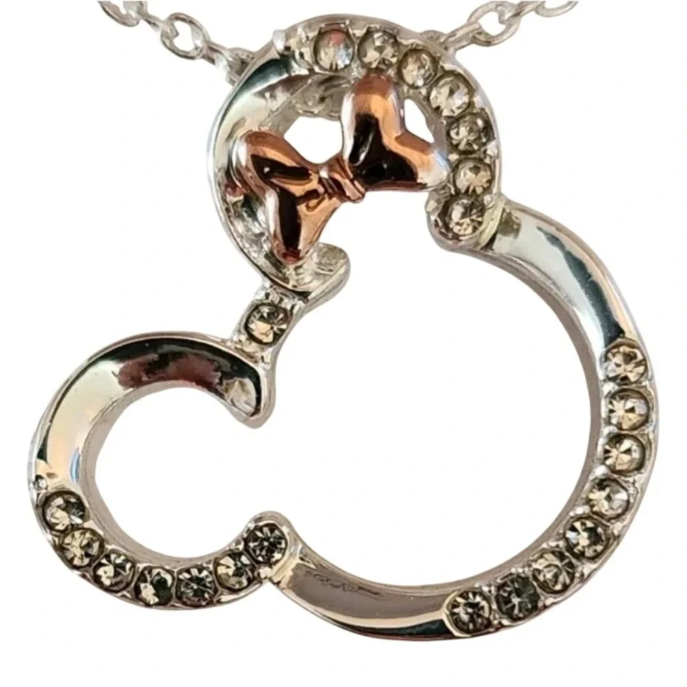 Disney Minnie Mouse Bowtiful Crystal Necklace Silver Plated Two Tone Rose Gold